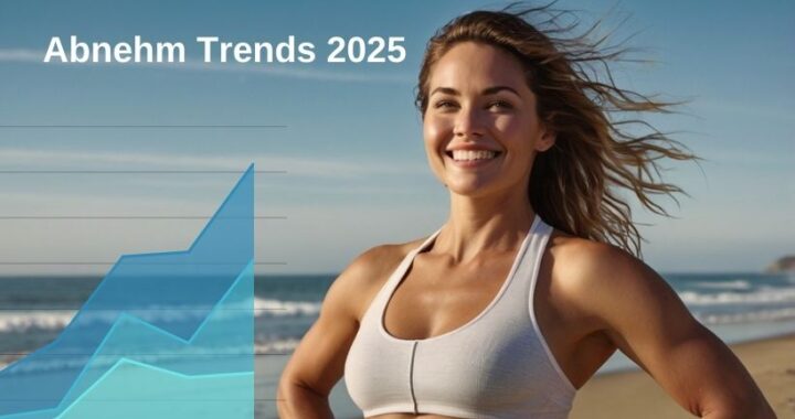 Junge Frau in Sportkleidung blickt motiviert nach vorn, während neben ihr eine Grafik die Abnehm-Trends 2025 zeigt. Moderne Ernährungstipps und Fitnessstrategien im Überblick.