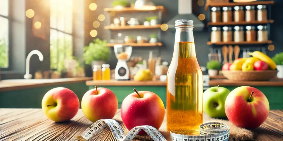 a bottle of juice next to apples and measuring tape