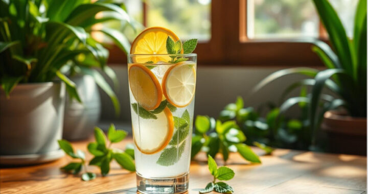 a glass of water with lemons and mint leaves