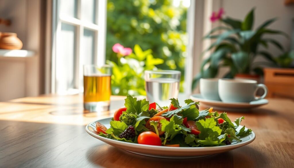 Teller mit Salat auf einem Tisch symbolisiert Fasten neu gedacht