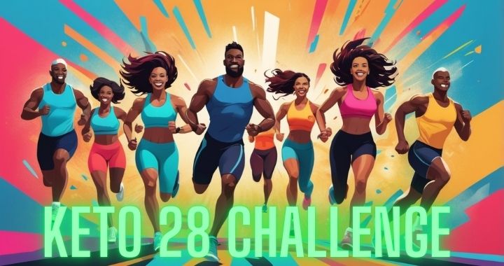 Gruppe sportlicher Männer und Frauen in einem energiegeladenen Fitness-Wettbewerb, die Keto 28 Challenge,die rennen, springen und jubeln. Die Szene zeigt Motivation, Freude und den Erfolg ihrer Abnehmreise in einem farbenfrohen, dynamischen Stil.