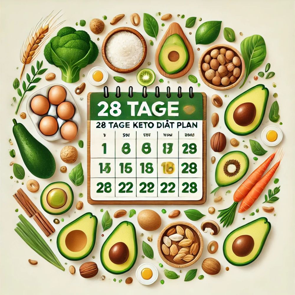 Kalender mit 28 Tagen, umgeben von ketogenen Lebensmitteln wie Avocado, Eier, Nüsse, Brokkoli und Spinat – visualisiert den 28 Tage Keto Diät Plan kostenlos.