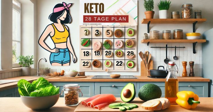 Moderne Küche mit ketogenen Lebensmitteln wie Avocado, Lachs, Gemüse und Öl. Im Hintergrund ein Kalender mit markierten 28 Tagen – Darstellung der Umsetzung des 28 Tage Keto Diät Plans.