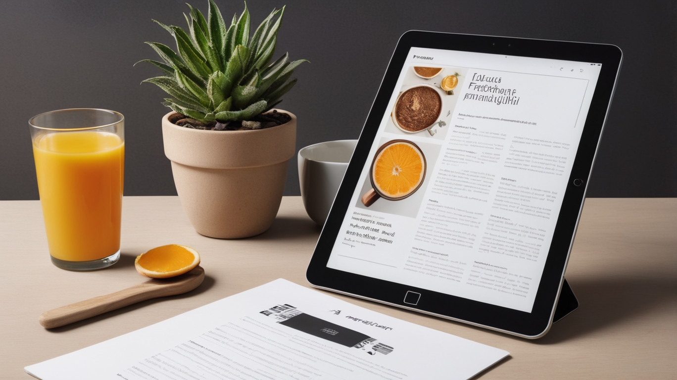 Tablet mit geöffnetem Rezeptbuch, frischer Orangensaft, Löffel mit Orangenscheibe und Zimmerpflanze – Symbolbild für kostenlose Ressourcen zum Abnehmen