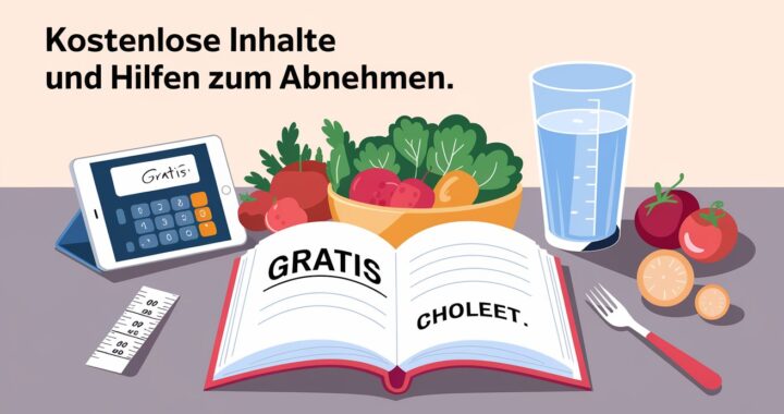 Illustration mit Gratis-Rezeptbuch, Gemüse, Messbecher und Tablet – Text: Kostenlose Inhalte und Hilfen zum Abnehmen
