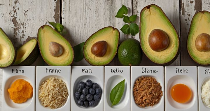 Visualisierung eines 28 Tage Keto Diät Plan mit gesunden ketogenen Lebensmitteln wie Avocado, Eiern, Gemüse und Nüssen neben einem stilisierten Kalender. Klare, natürliche Farbpalette.