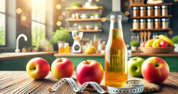 Frische Äpfel und eine Flasche Apfelessig mit Maßband auf Holztisch in heller Küche – Symbol für Abnehmen mit Apfelessig