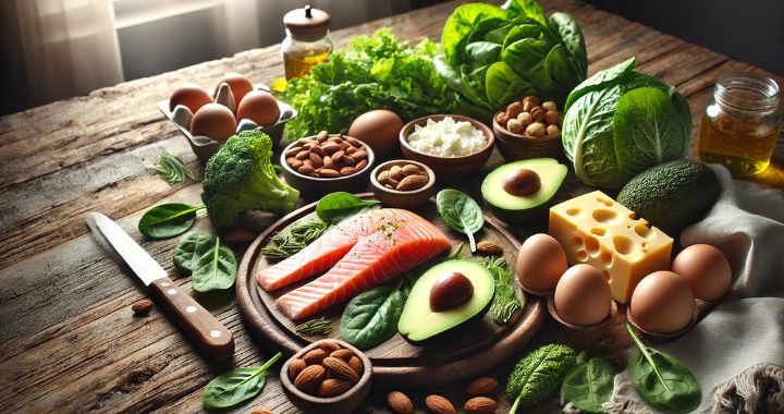 Ketogene Ernährung: Auswahl an ketofreundlichen Lebensmitteln wie Avocados, Lachs, Eier, Käse, Nüsse und grünes Gemüse auf einem rustikalen Holztisch.