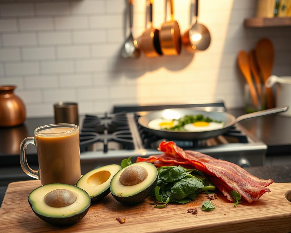 Keto-Lebensmittel wie Avocado, Käse, Speck und Gemüse auf einem Teller für die ketogene Ernährung