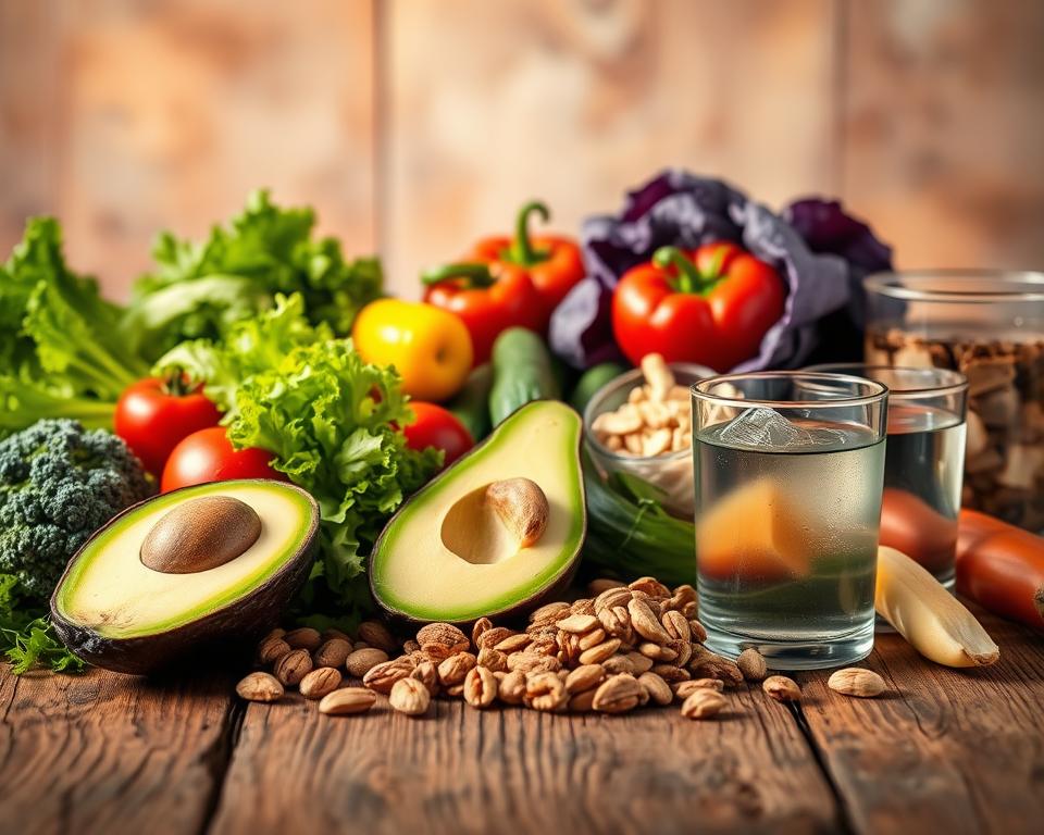 Low-Carb-Zutaten wie Avocado, Nüsse, Gemüse und Wasser auf Holztisch