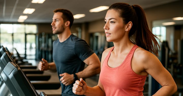 Zwei Personen beim Lauftraining im Fitnessstudio – fokussiert und motiviert zum schnell abnehmen