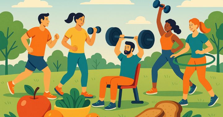 Outdoor-Workout mit Fitnessgeräten und gesunden Lebensmitteln – perfekt zum schnell abnehmen