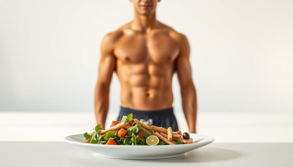 A young athlete in athletic wear standing confidently, muscles toned, in a well-lit, minimalist setting. A single, balanced meal - perhaps a salad, lean protein, and fresh produce - artfully arranged on a modern, white plate in the foreground. The background features a bright, clean expanse, emphasizing the focus on health, discipline, and the power of a singular, nutritious intake. Warm, natural lighting casts a glow, capturing the essence of the "One Meal a Day" concept and its impact on physical performance.