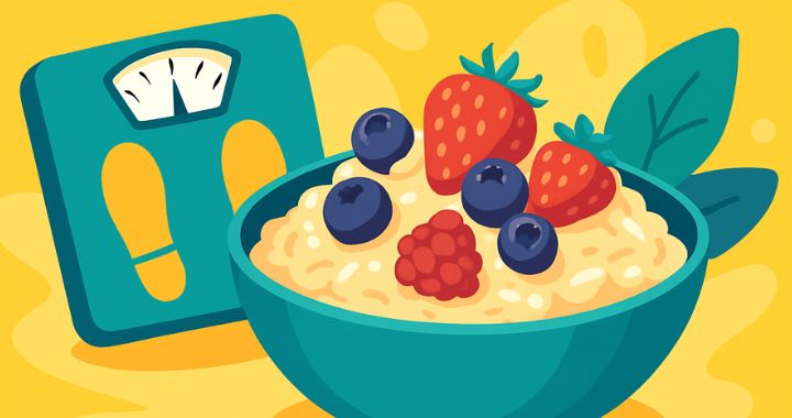 Illustration einer Schüssel mit Haferflocken, Beeren und Waage – Symbol für Abnehmen mit Haferflocken