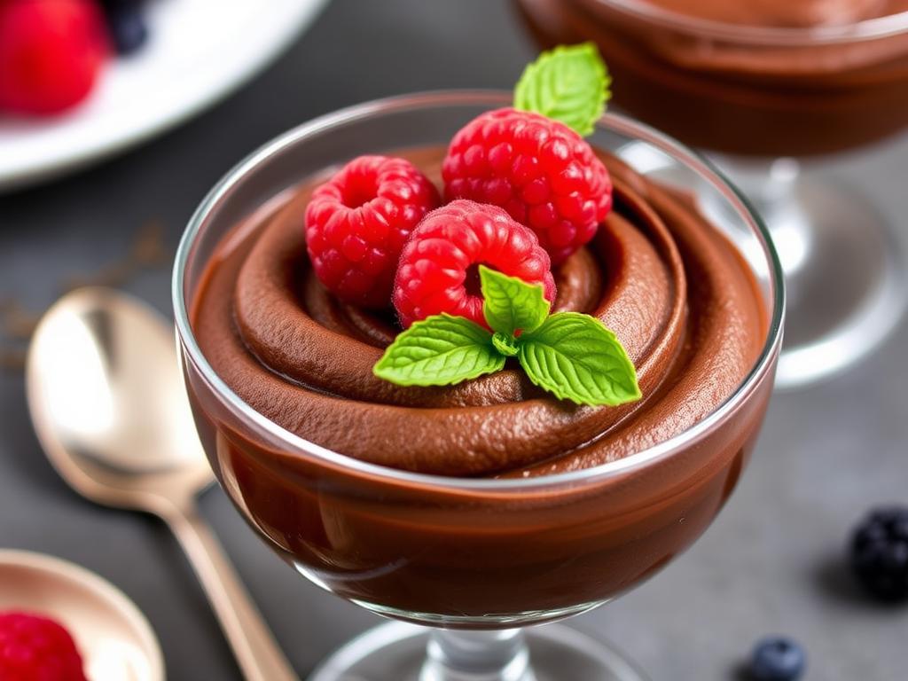 Keto-Schokoladenmousse mit Himbeeren und Minze im Dessertglas