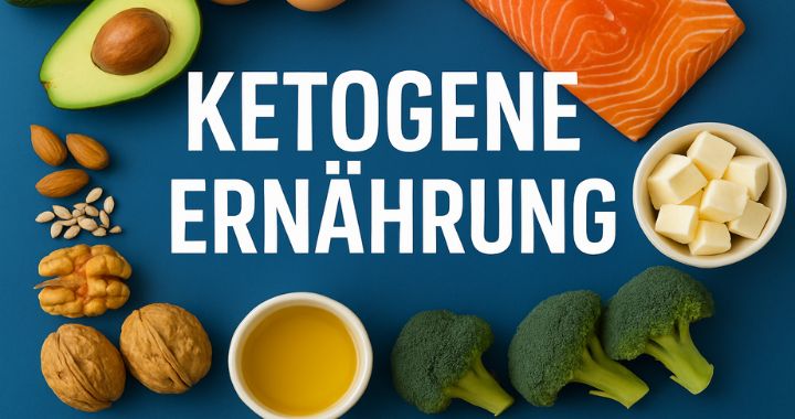 Verschiedene ketogene Lebensmittel wie Lachs, Avocado, Brokkoli, Käse und Nüsse auf blauem Hintergrund