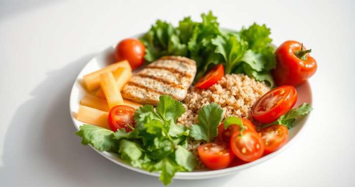Gesunder Teller mit Hähnchen, frischen Tomaten, Salat, Paprika und Vollkornreis – geeignet für die OMAD Diät