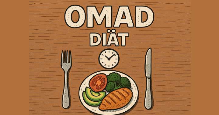 OMAD Diät – Comic-Stil mit Uhr und gesunder Mahlzeit auf Holz-Hintergrund