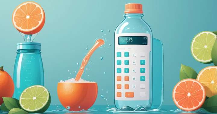 Comicartige Darstellung eines Wasserbedarf-Rechners mit Flasche, Zitrusfrüchten und Kalkulator-Design