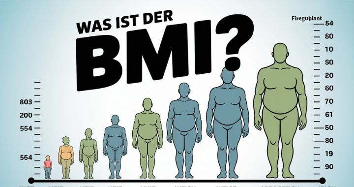 Infografik mit dem Text „Was ist der BMI?“ und verschiedenen Körperformen von untergewichtig bis stark übergewichtig