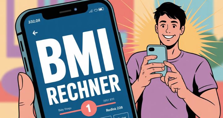 Comicgrafik eines Smartphones mit geöffneter BMI-Rechner-App und dem Text „BMI RECHNER“