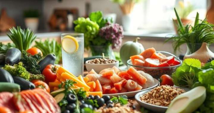 Teller mit frischem Gemüse, Nüssen und Wasser – Symbolbild für gesunde Ernährung und Diätvergleich insbesondere Low Carb