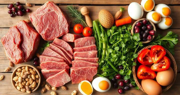 Auswahl an Paleo-Lebensmitteln wie Fleisch, Eier, Nüsse, Gemüse und Beeren auf einem Holztisch