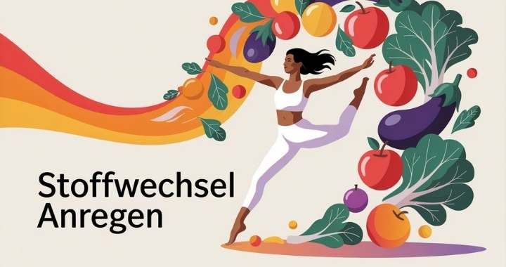 Frau in Bewegung mit Obst und Gemüse – Symbol für aktiven Stoffwechsel