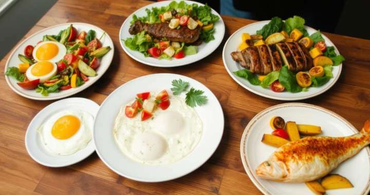 Mehrere Teller mit eiweißreichen Low-Carb-Gerichten aus Eiern, Fisch, Fleisch und Salat auf einem Holztisch