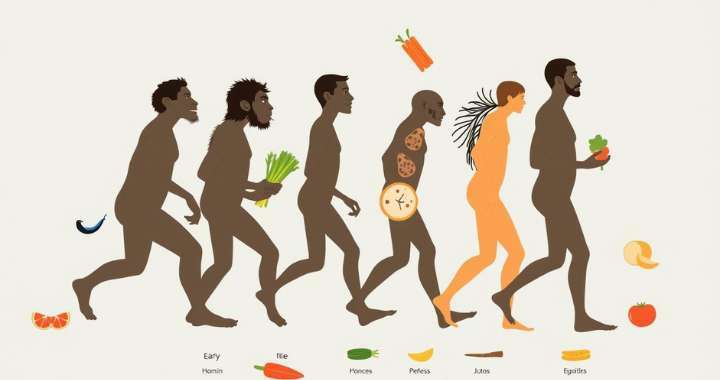Illustration der menschlichen Evolution mit unterschiedlichen Nahrungsmitteln – von Paleo Diät bis Fastfood
