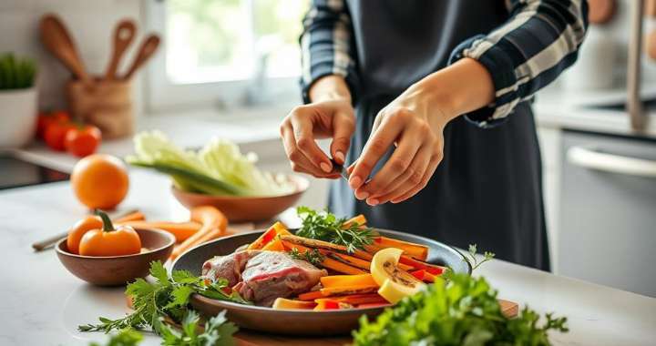 Hände bereiten in moderner Küche ein Gericht mit Gemüse und Fleisch auf einem Holzteller zu