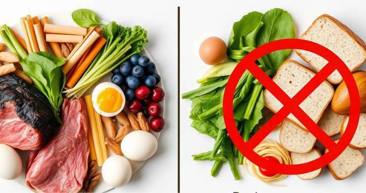 Teller mit Low-Carb-Lebensmitteln links und durchgestrichenen High-Carb-Lebensmitteln rechts