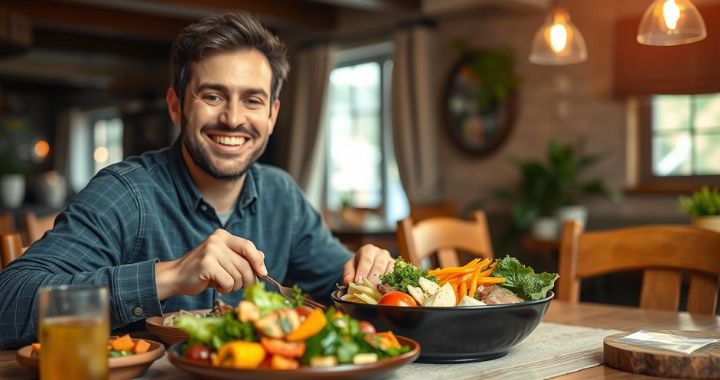 Lächelnder Mann sitzt am Tisch und isst frisches Gemüsegericht mit Salat und Karotten