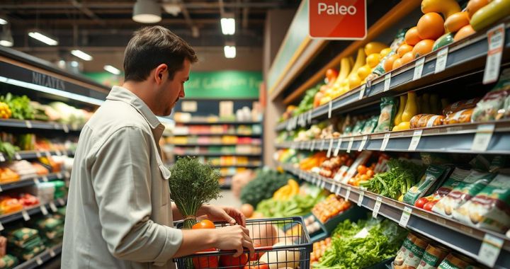 Mann mit Einkaufswagen im Supermarkt vor Paleo-Lebensmitteln wie Gemüse und Obst